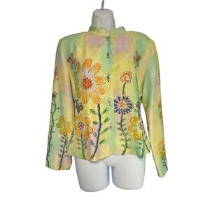VTG Entice Women's M 100% Indian Silk Sequins Floral Button Jacket Blazer